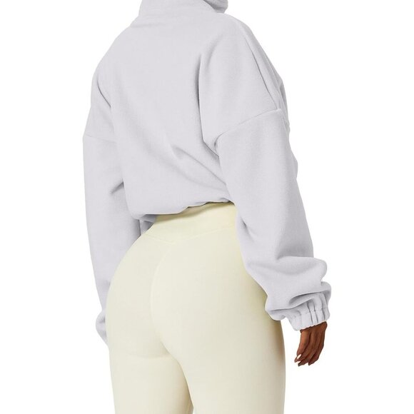 Women's White Zip Fleece Warm Winter Long Sleeve Stand Collar Sherpa Jacket - Picture 2 of 5